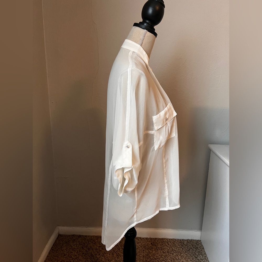 Double Zero Sheer White Button Down Top Size Small - Picture 6 of 14